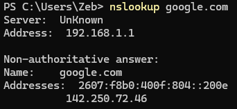 running nslookup google.com and getting IP addresses